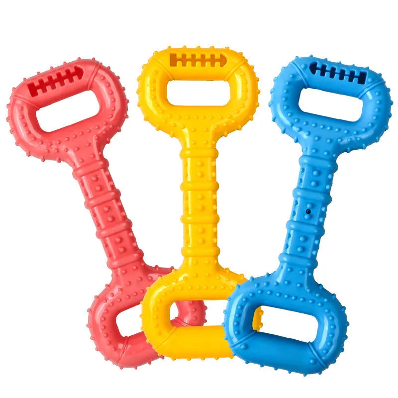 Blue dog bone toy with pull band for aggressive chewers