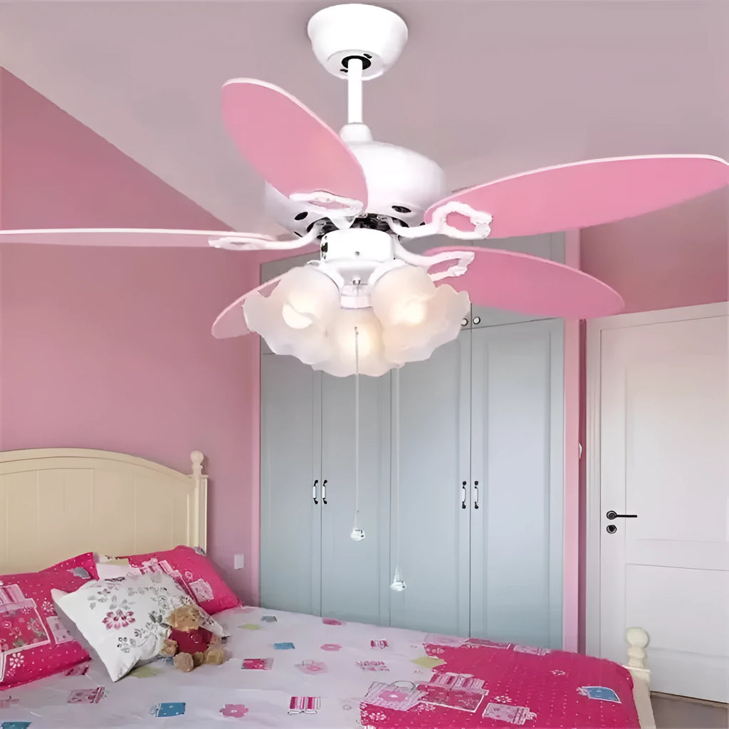 White 42-inch children's ceiling fan light with wood leaves, E27 glass shade, and remote control from Wind Tour