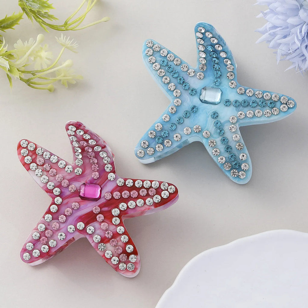 Acrylic starfish diamond encrusted hairpin in blue and pink colours length 8cm
