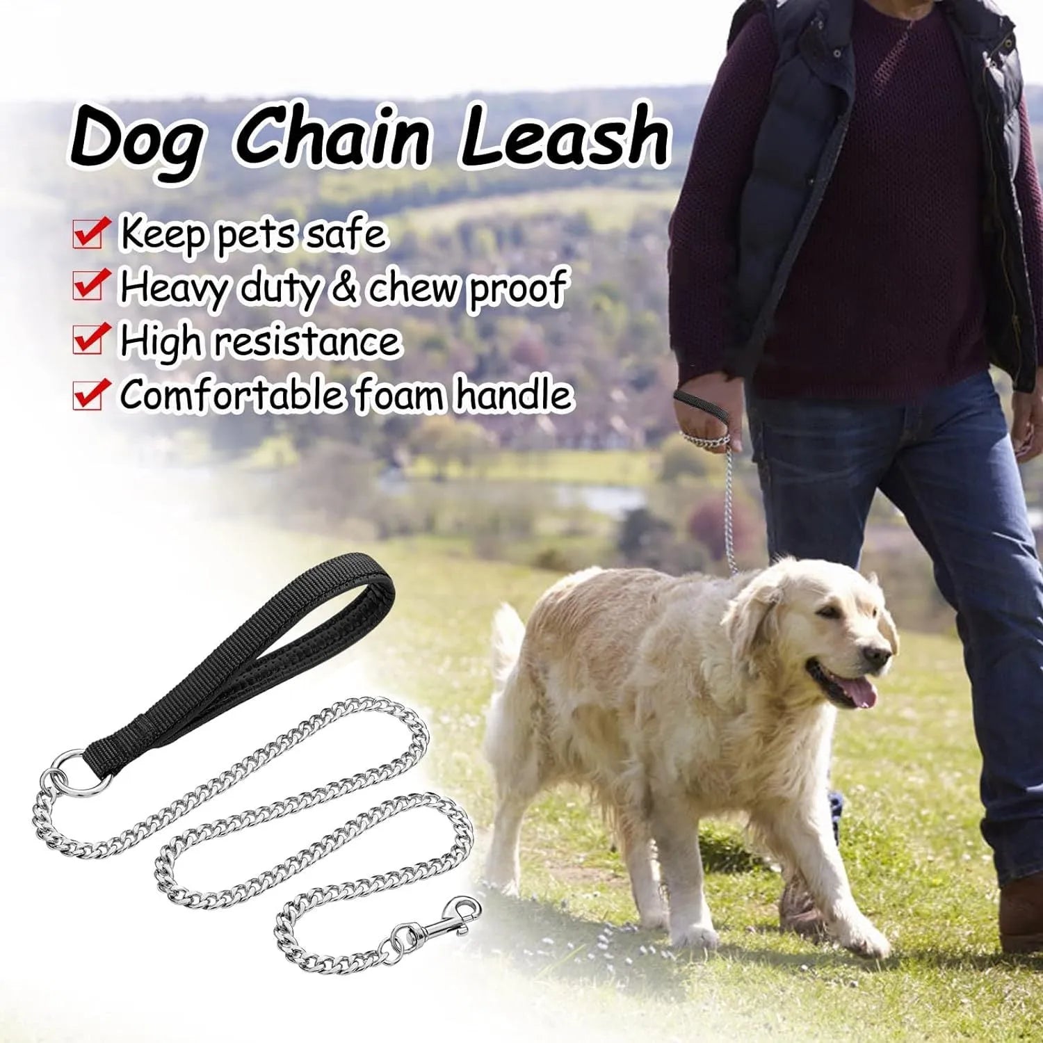 Heavy duty metal dog chain leash with a soft black padded handle, shown with a red colour option.