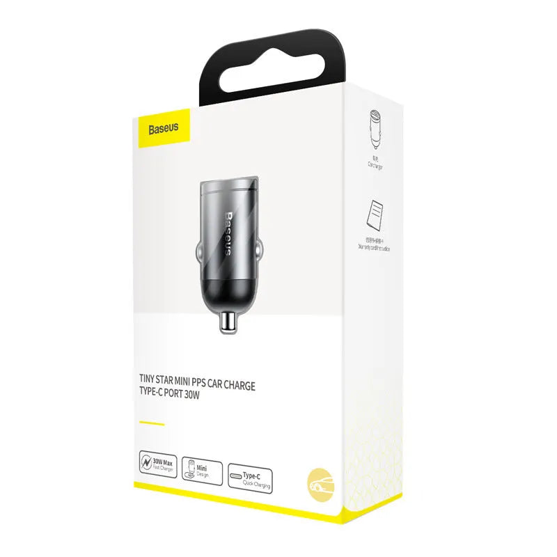 Baseus electro-optical grey 30W single USB car charger with 1 metre cable.
