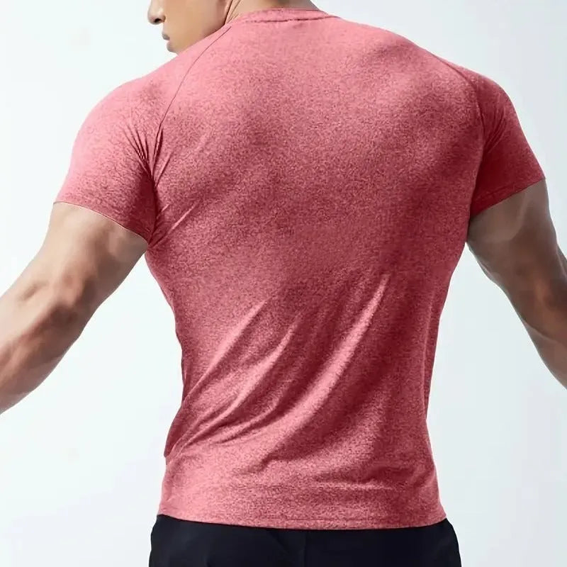 Men's tight stretch quick-drying round neck short sleeve t-shirt in polyester blend fabric