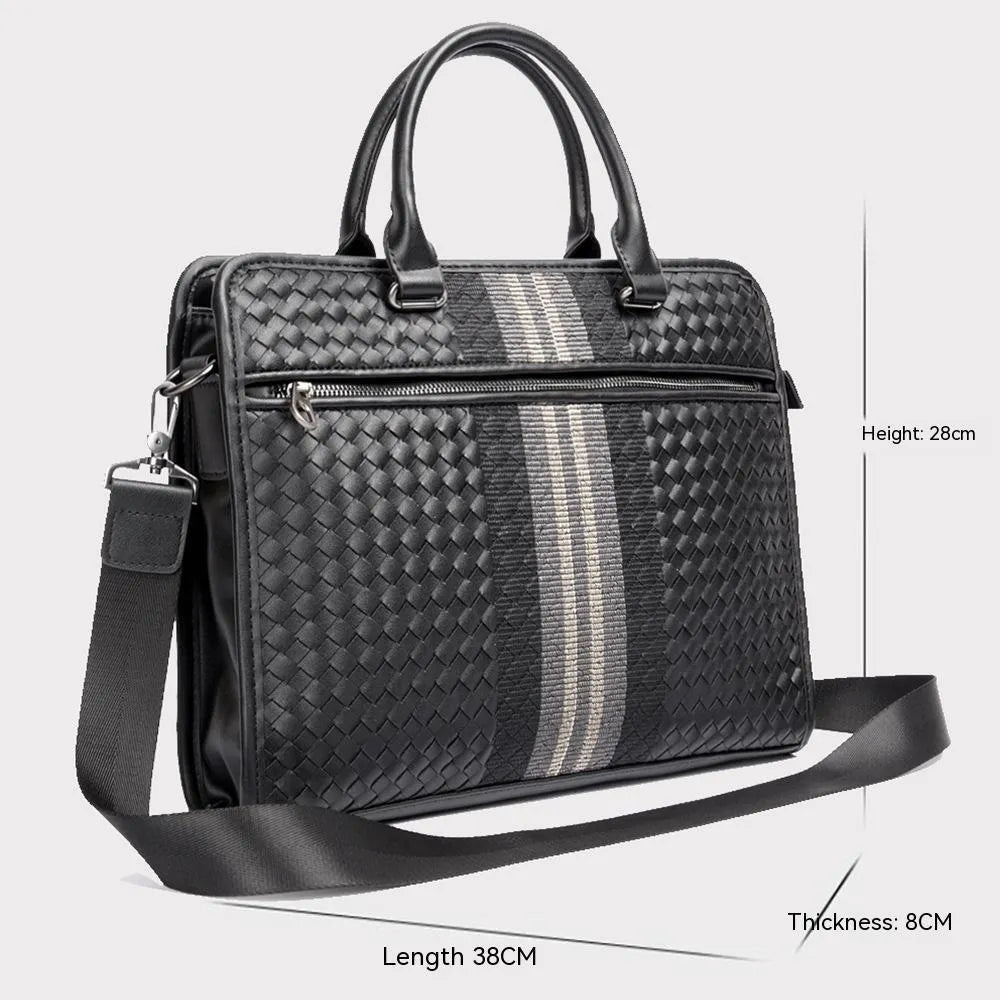 Black PU leather stitching woven business casual men's briefcase with shoulder strap and crossbody carry
