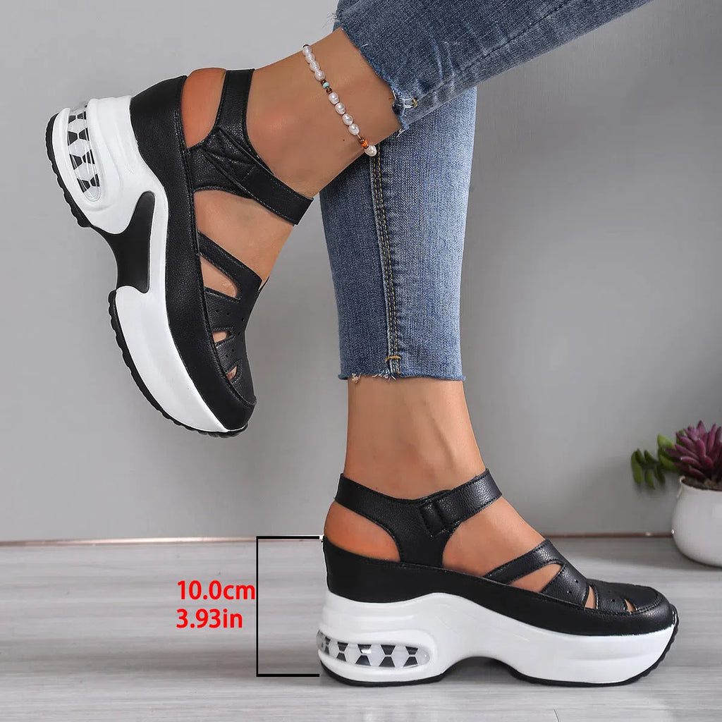 Women's black platform hollow-out sandals with hook-and-loop closure and round toe, PU upper