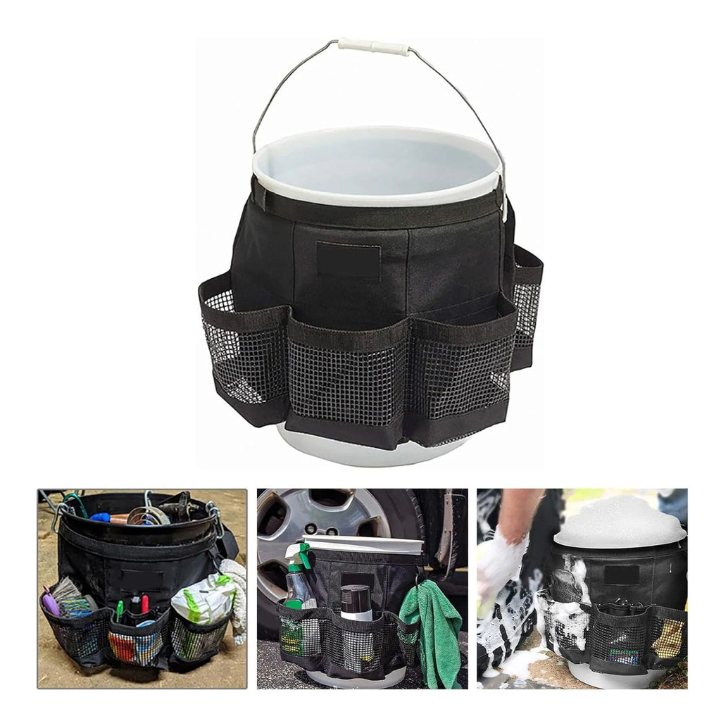Black cylindrical polyester storage bag hanging on 5 gallon bucket for tool organisation
