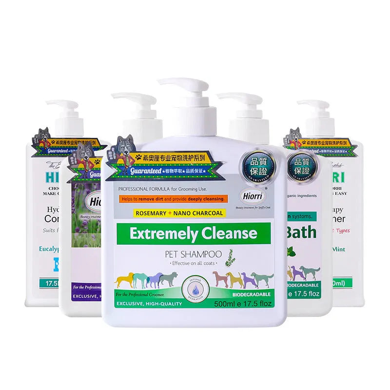 Five 500ml bottles of pet shampoo and conditioner set for dogs and cats grooming