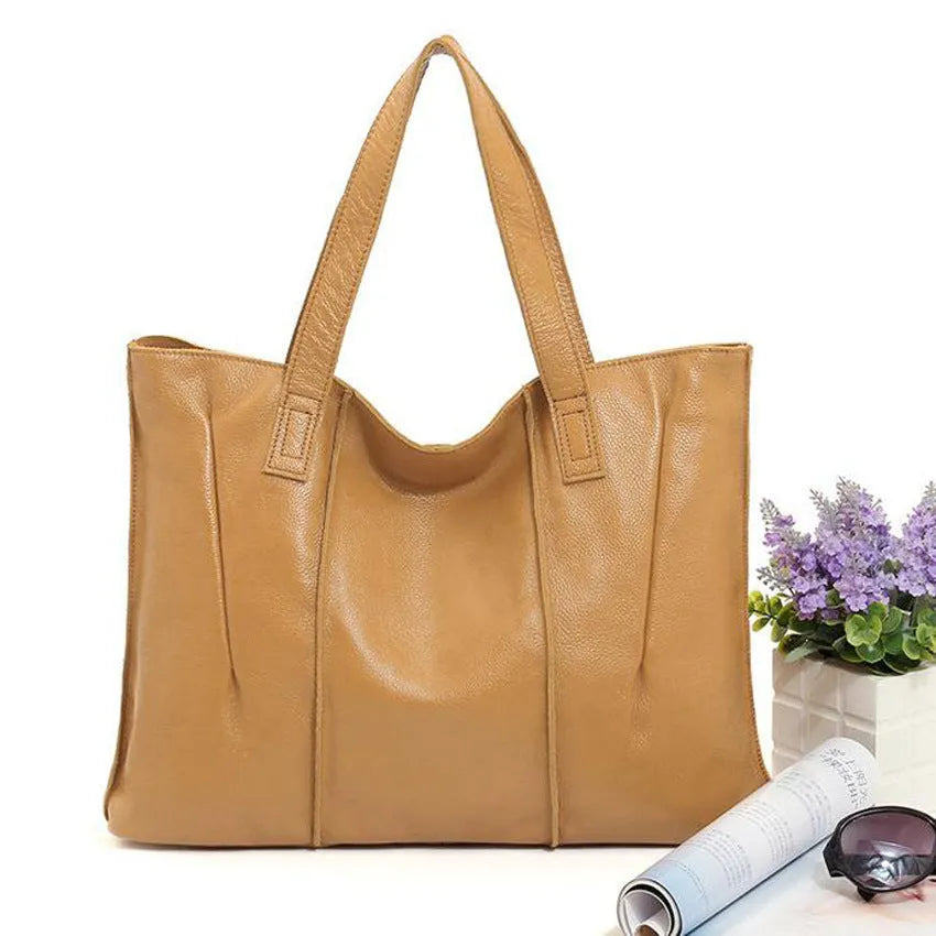 Top grain leather single shoulder tote bag for women, stitching and patchwork detail, apricot colour, large size