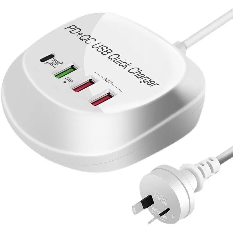 White 4-port USB charger with QC3.0, compact 90x31x86mm, with EU UK US plug adapters