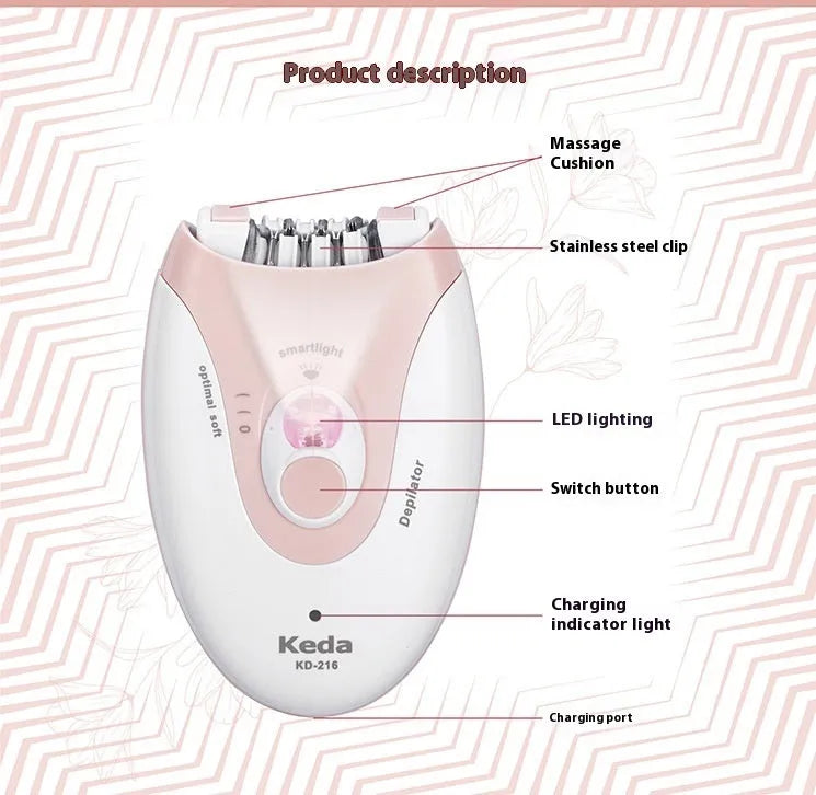Portable USB-powered electric epilator in colour KEDA-216 with cleaning brush.