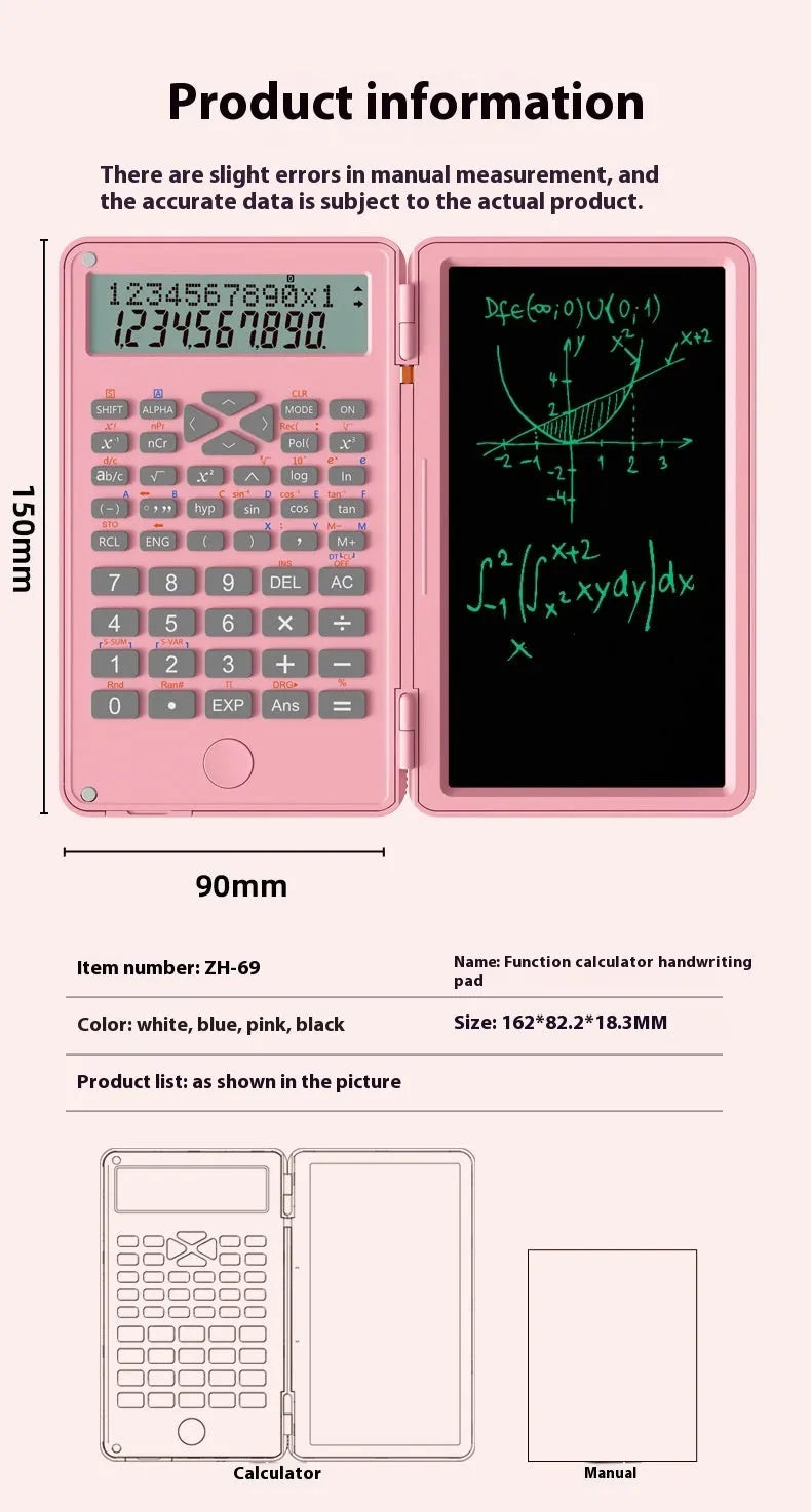 Portable scientific calculator with handwriting board, plastic body, 162 mm length, in black