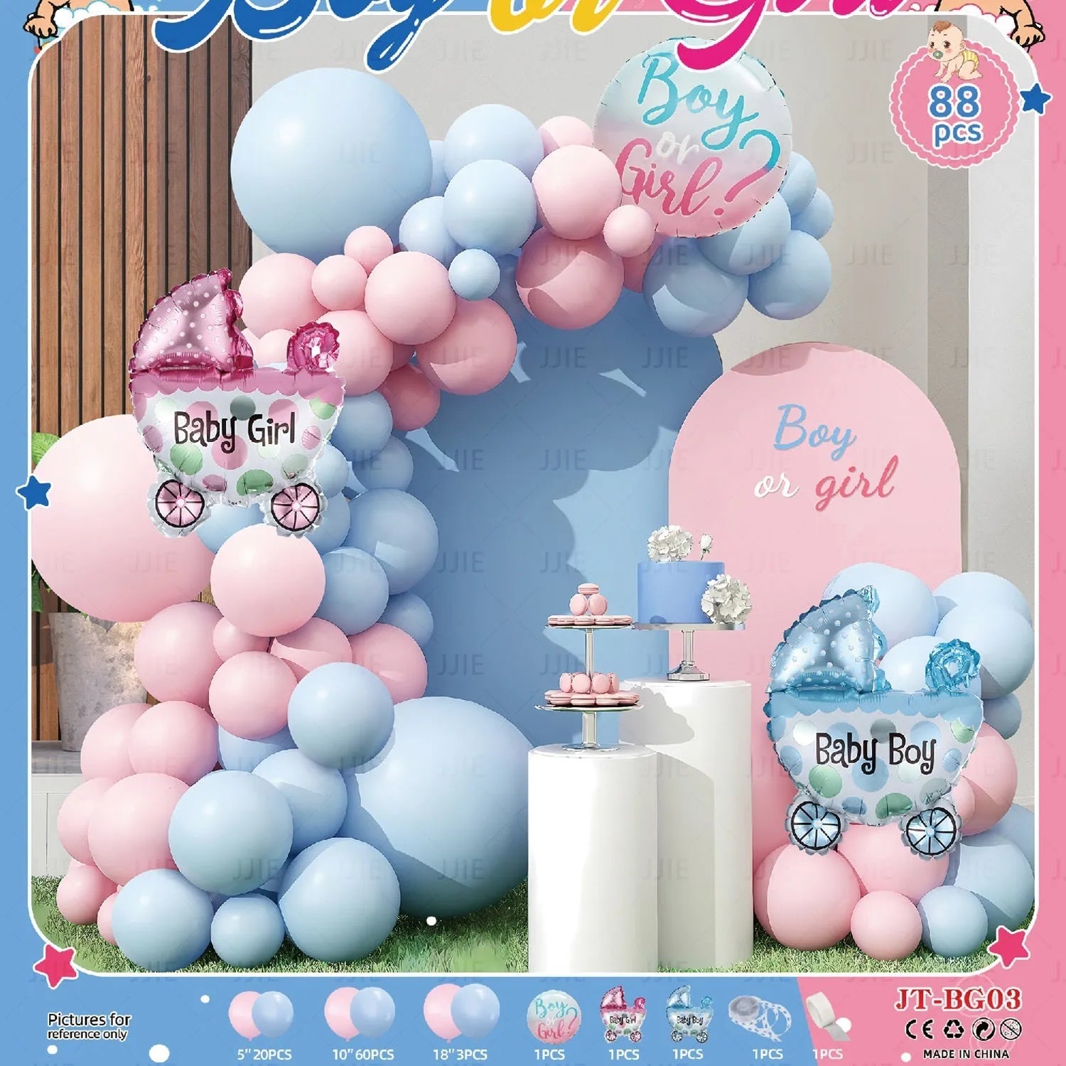 Gender reveal balloon decoration kit with aluminum foil round balloons, pink bottle, blue bottle, and ribbon