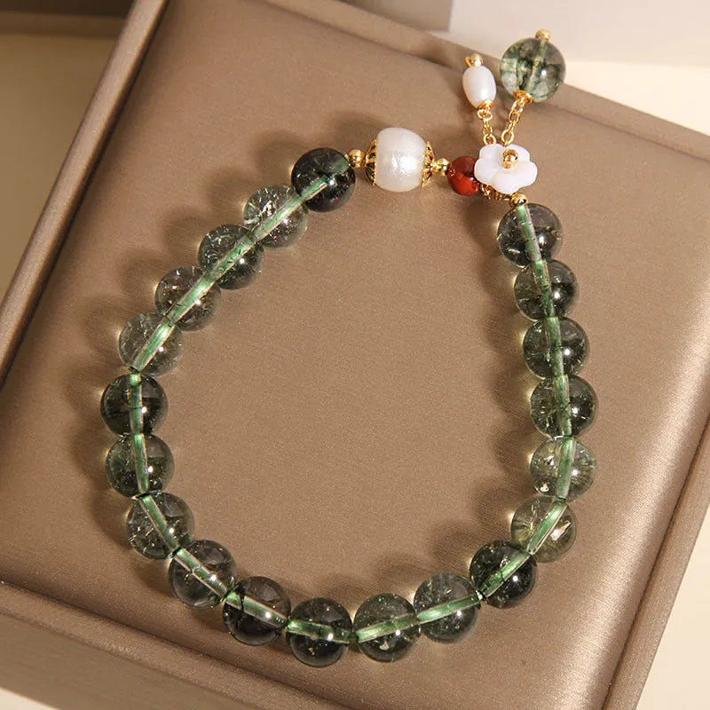 Green phantom quartz crystal women's bracelet with small shell flower charm in Japanese Korean style