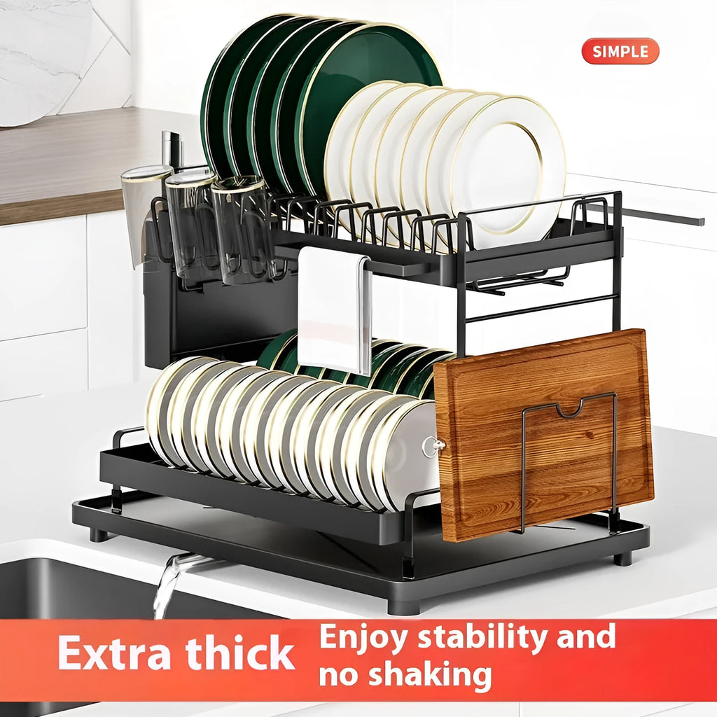 White double-layer carbon steel kitchen draining and storage rack holding plates and utensils.