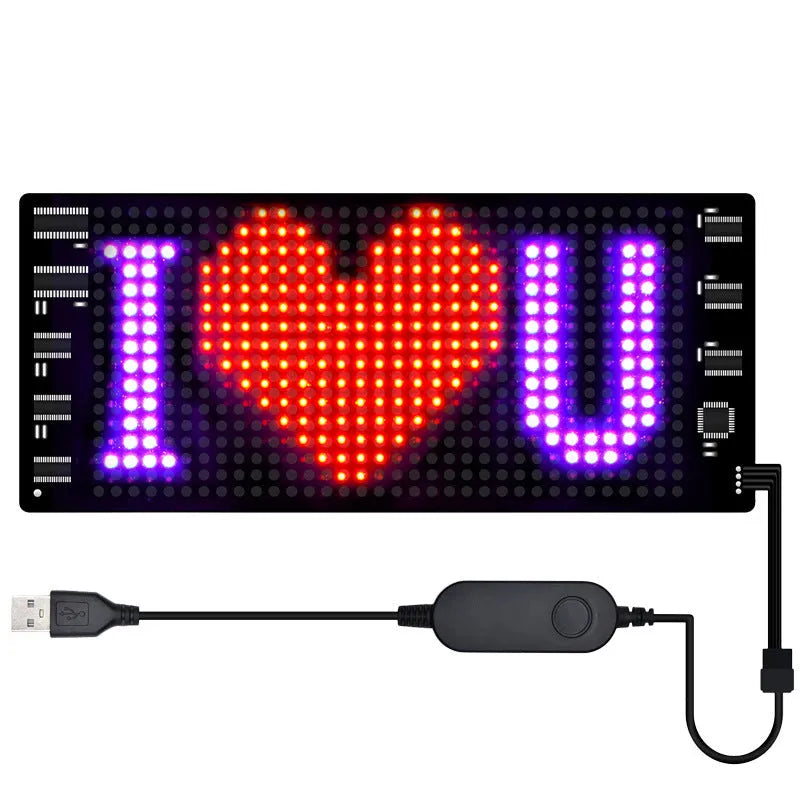 Programmable LED car display showing custom text on bendable ultra-thin screen with USB connection