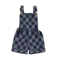 Navy blue plaid denim suspender pants for children, sleeveless cotton linen blend, claw buckle, sizes 12-18M to 3-4Y