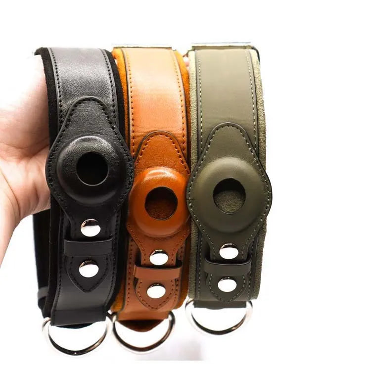 First layer leather dog collar with Apple AirTag slot, available in black, army green, and orange, sizes S M L