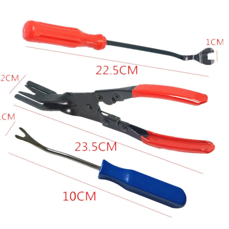 Red-handled steel automotive door panel clip driver tool for General Motors vehicles.