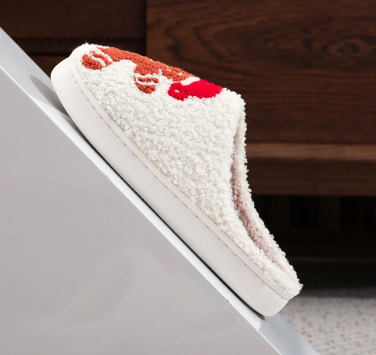 Christmas gingerbread cotton slippers for adults with suede upper, sewn PVC sole and EVA foam midsole