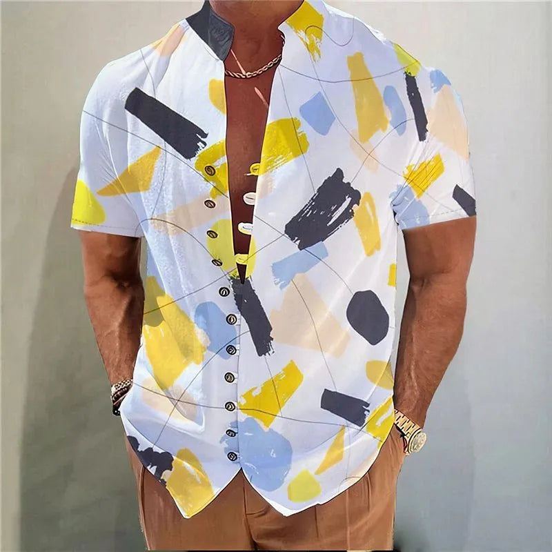 Youth wearing a short sleeve geometric floral print shirt in a cardigan style, available in multiple colours and extended sizes.