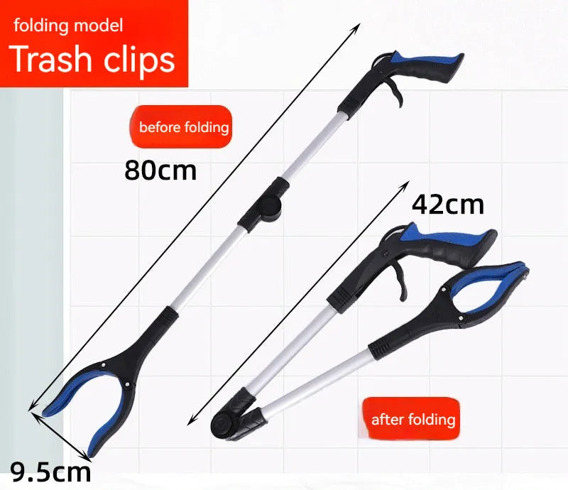 Foldable aluminium litter picker with magnet, shown extended and with blue handle.