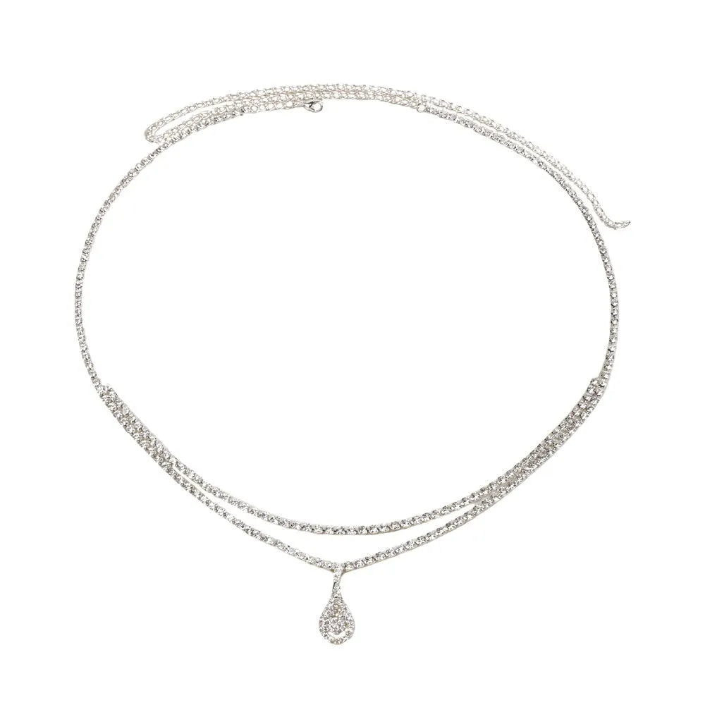 Gold or silver women's waist chain with rhinestone drop pendant and tassel, 105cm long.
