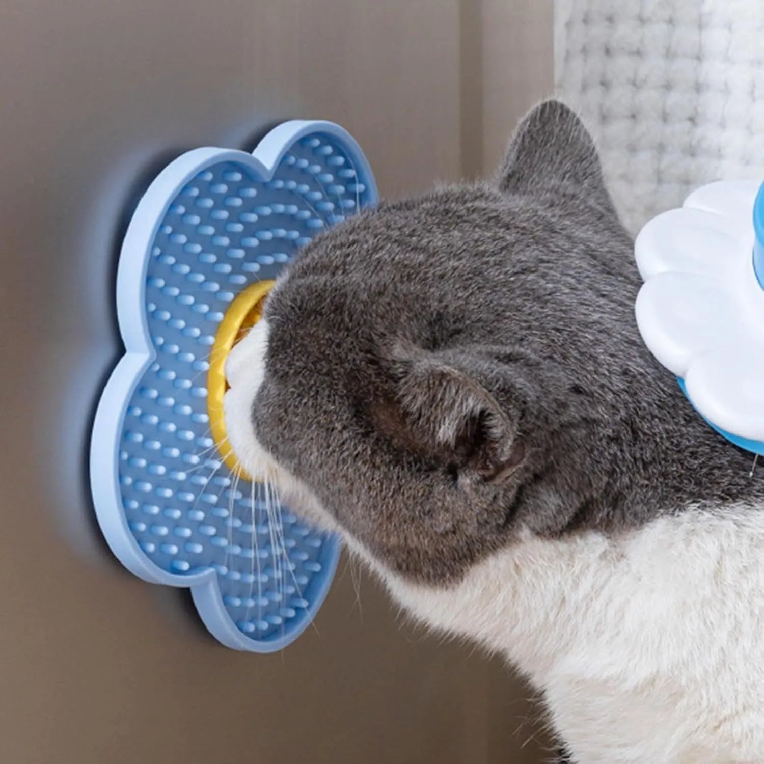 Flower-shaped silicone lick pad for pets with suction cups on smooth surface
