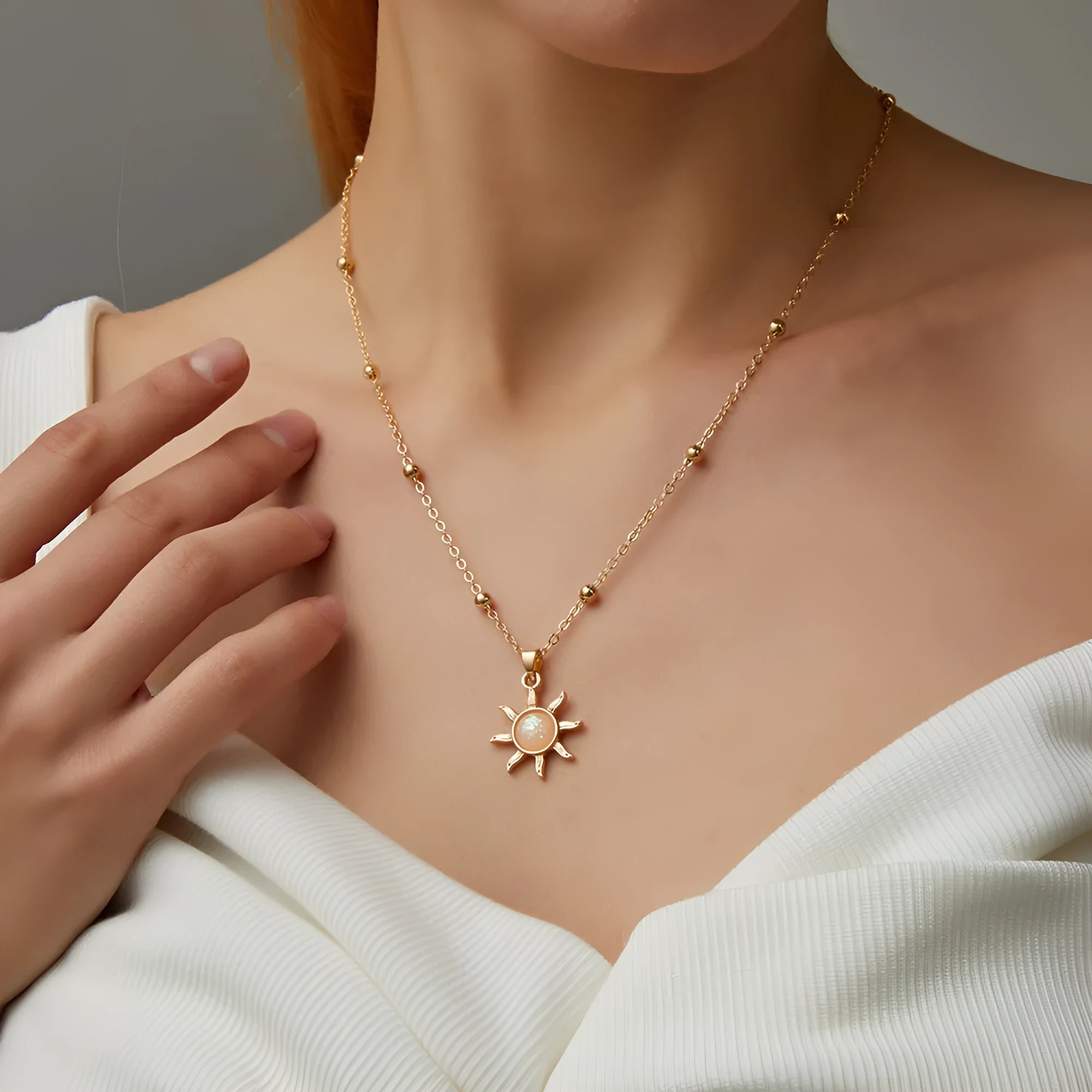 Alloy clavicle necklace with inlaid opal flower pendant on cross chain, gold or silver finish