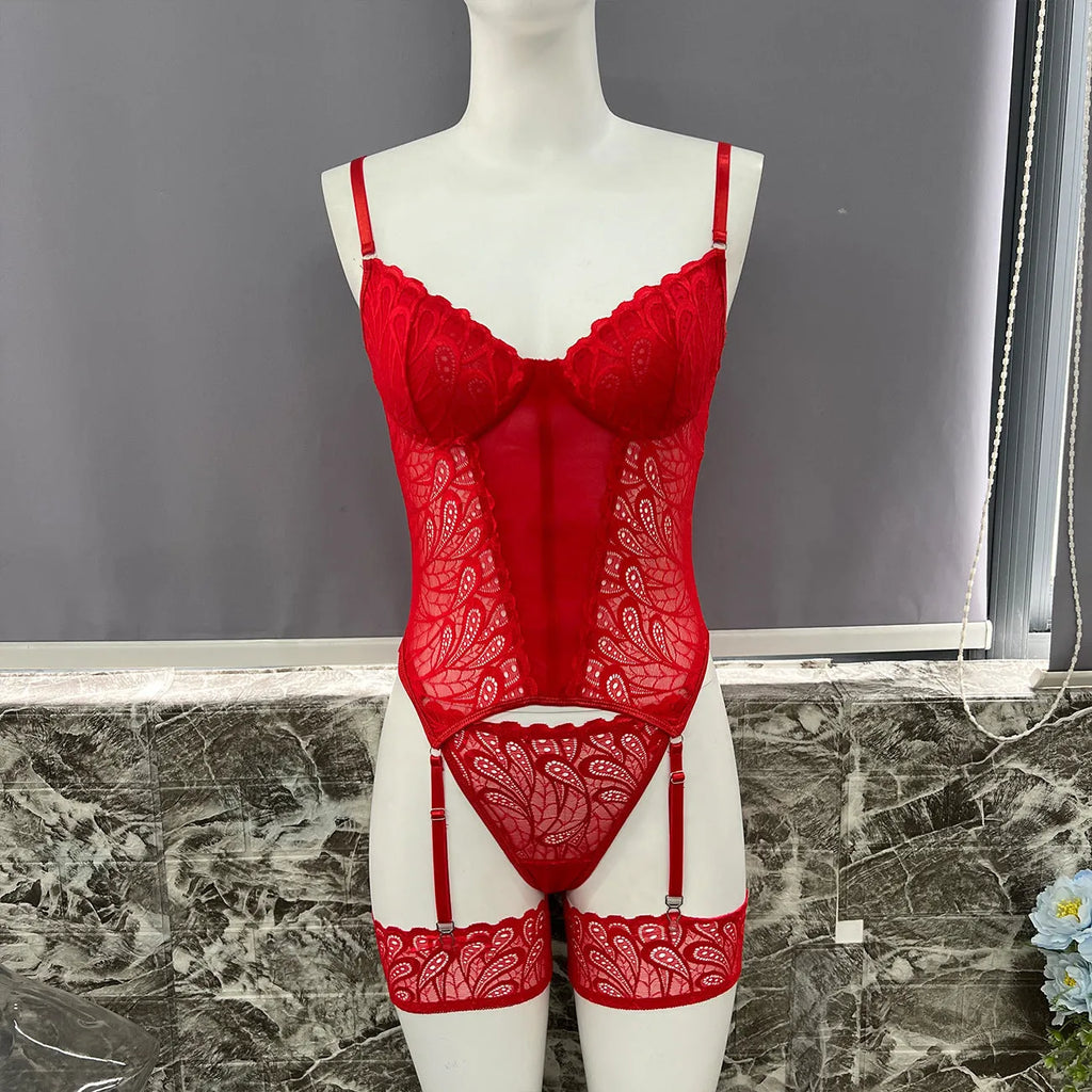 Black polyester lace jumpsuit underwear set for women, shown in size medium.
