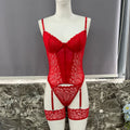 Black polyester lace jumpsuit underwear set for women, shown in size medium.