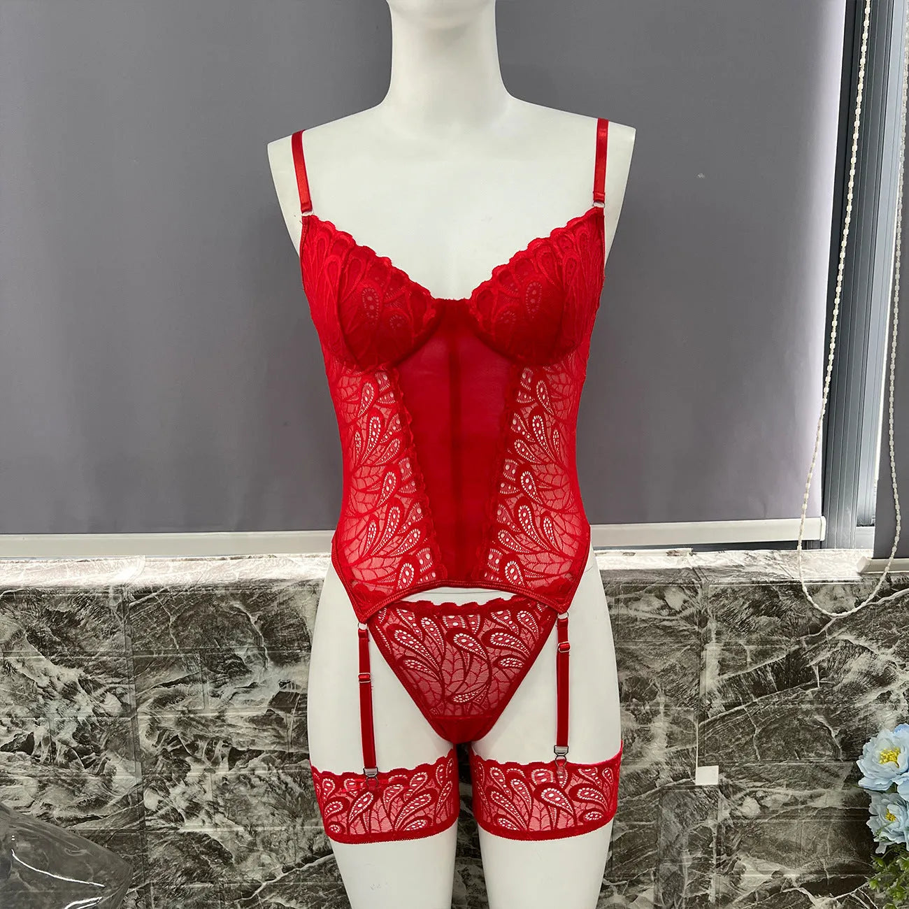 Black polyester lace jumpsuit underwear set for women, shown in size medium.