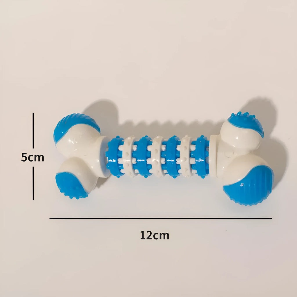 Blue bone-shaped rubber dog toy with treat hole for small breeds on a white background.