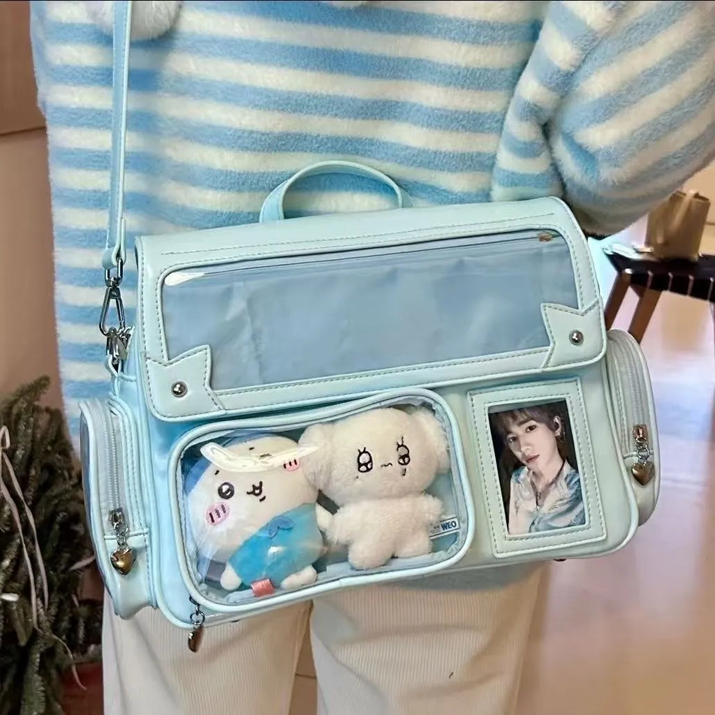 Hidden light plate cartoon crossbody bag in pink PU with stitching and lock, for leisure travel