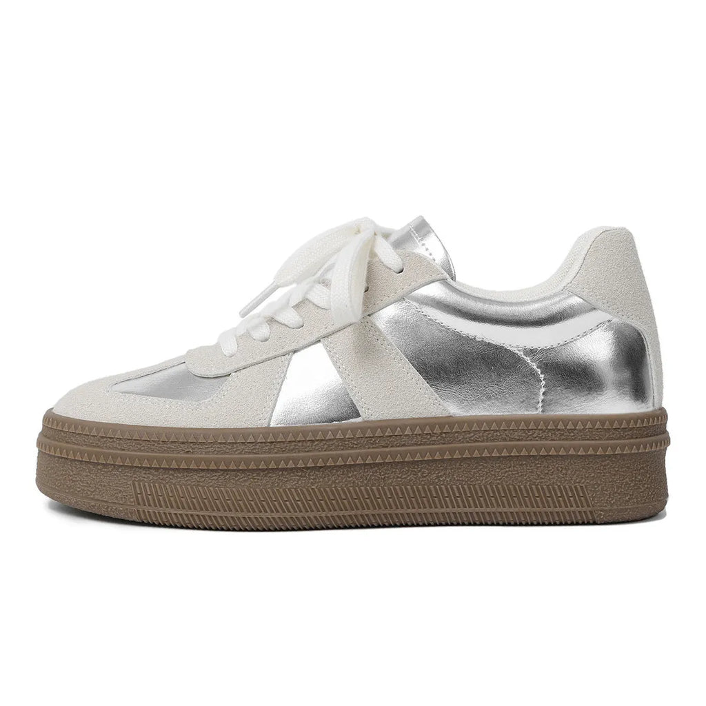Retro round toe sports board shoes with cross straps in matte milky white or silver