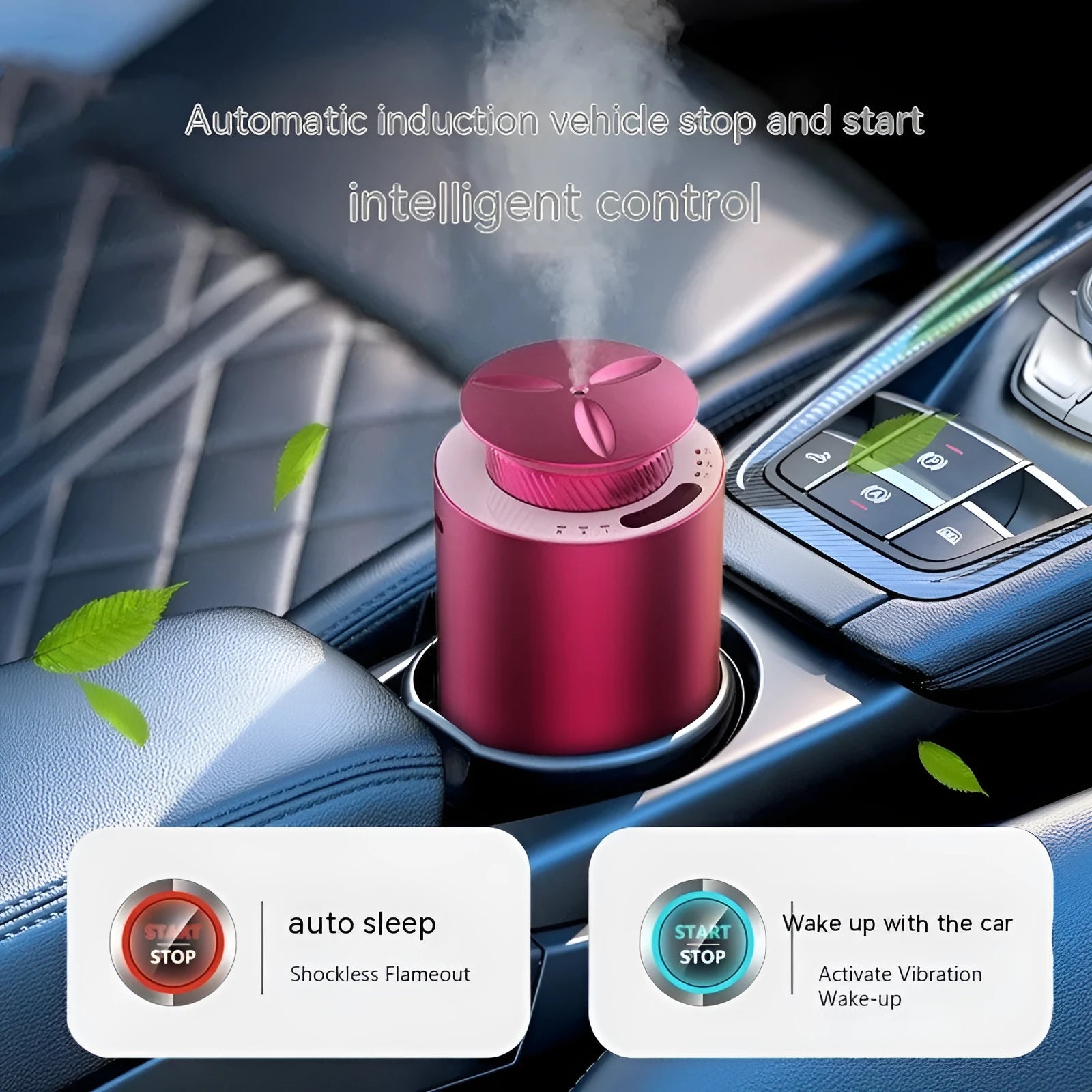 Column-shaped metal portable aroma diffuser in black, rose red, silver grey, or blue grey.