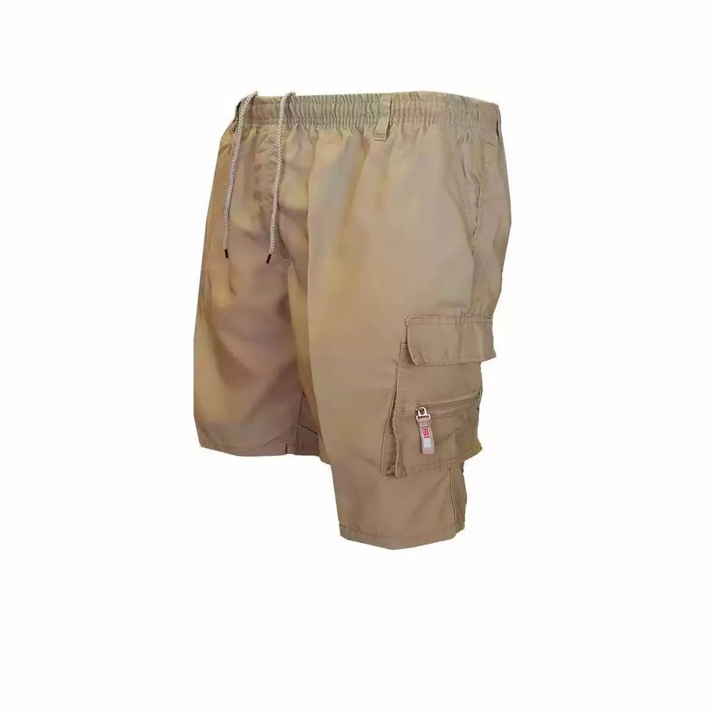 Men's loose-fitting casual work trousers in lightweight polyester fabric on a hanger.