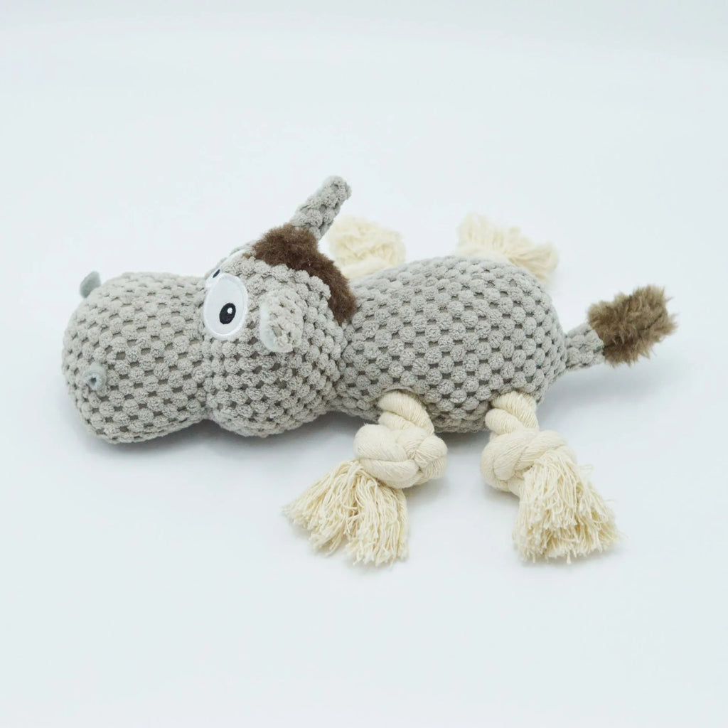 Grey donkey plush dog toy with creak sound mechanism, measuring 27 cm long