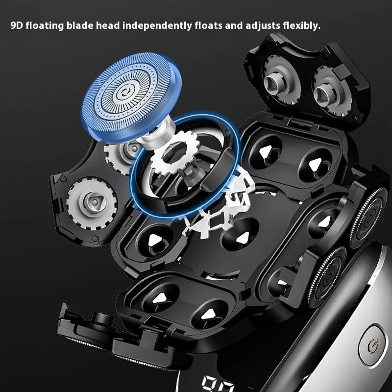 Black rechargeable 6-in-1 multifunctional hair clipper kit with attachments on a white background.