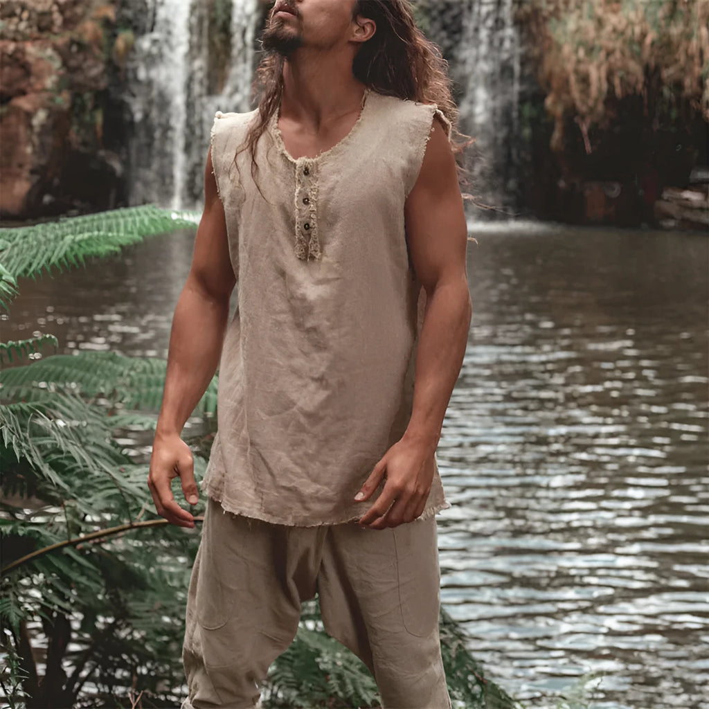 Men's solid colour linen loose fit casual vest with round hem, shown in neutral colour
