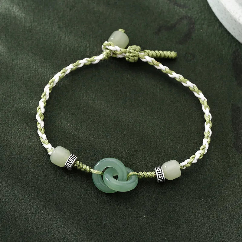 Women's ethnic-style bracelet with jade buckle weaving and double ring design in electroplated copper