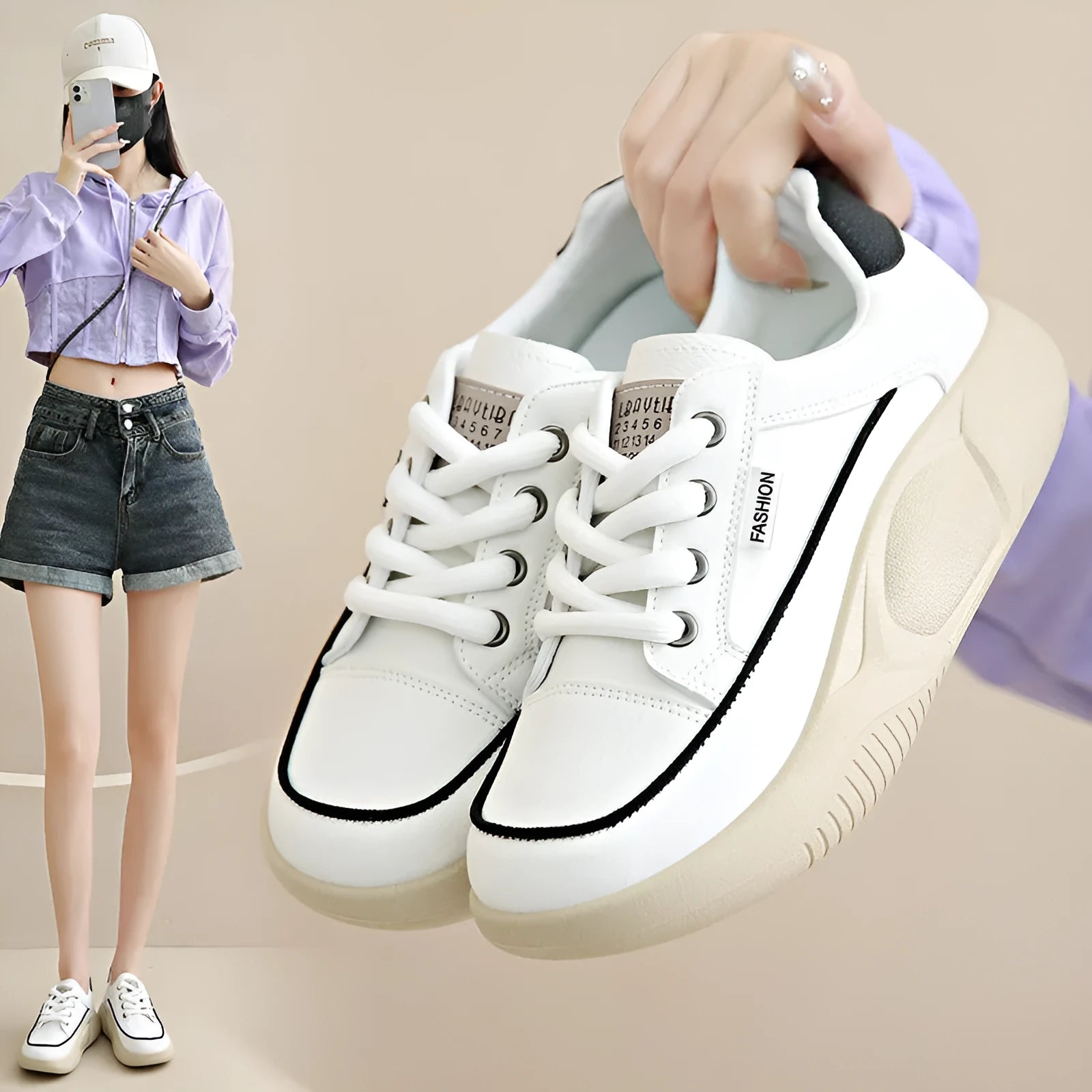 White women's artificial PU casual shoes with mid heel and lace-up design