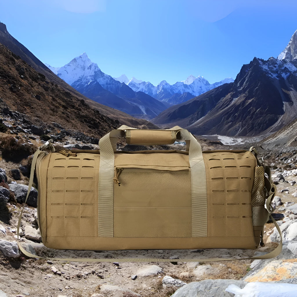 Men's khaki waterproof Oxford cloth sports duffel bag with handles and an air pillow belt.