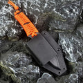 Outdoor camping survival knife with straight blade, rope handle, and ABS protective sheath