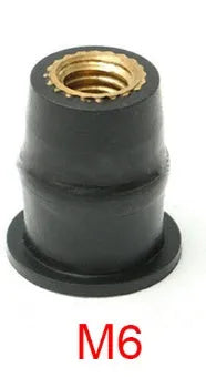 Black rubber and brass expansion well nut fasteners for motorcycle mounting in M4, M5, M6 sizes.