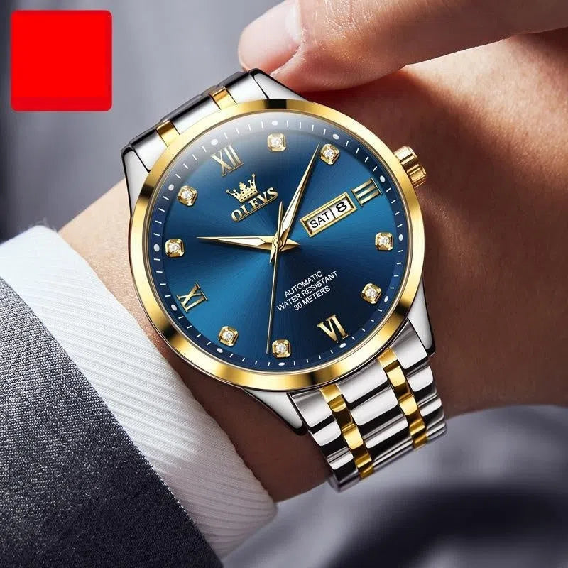 Men's waterproof automatic mechanical watch with 13mm stainless steel case and bracelet on white background