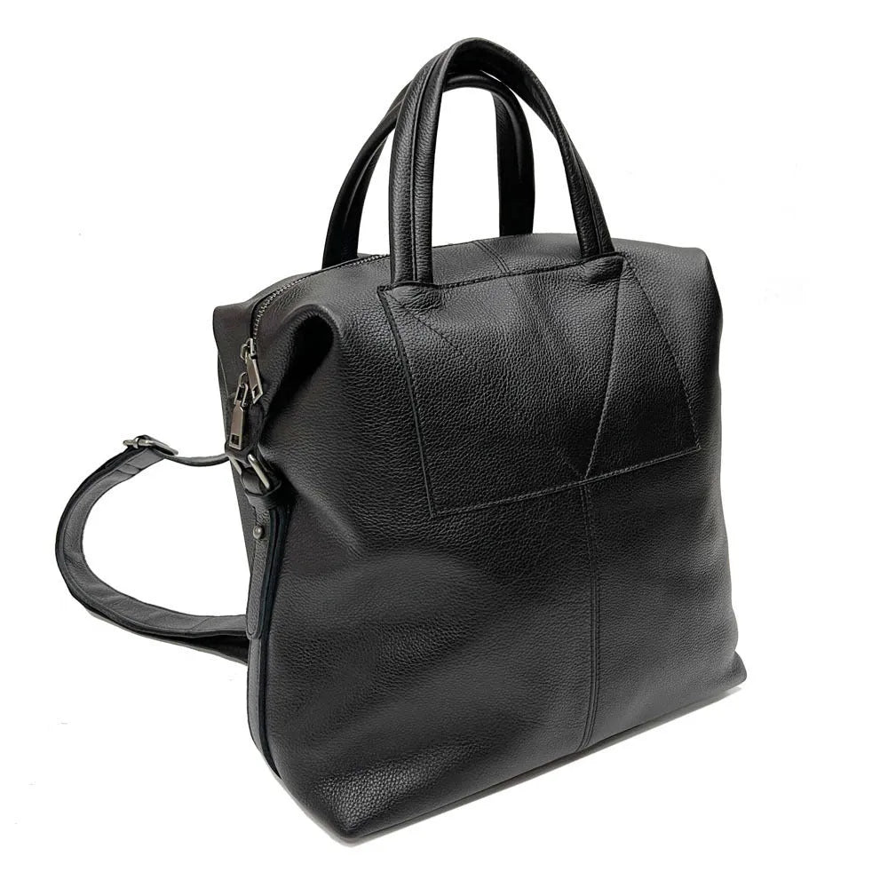 Universal black first layer cowhide leather backpack with polyester lining, stitching details, below 20L capacity