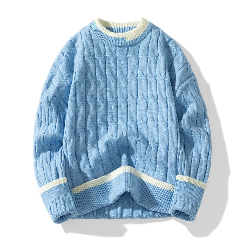 Men's loose fit modal acrylic two-piece sweater set in beige, a long sleeve pullover for autumn.