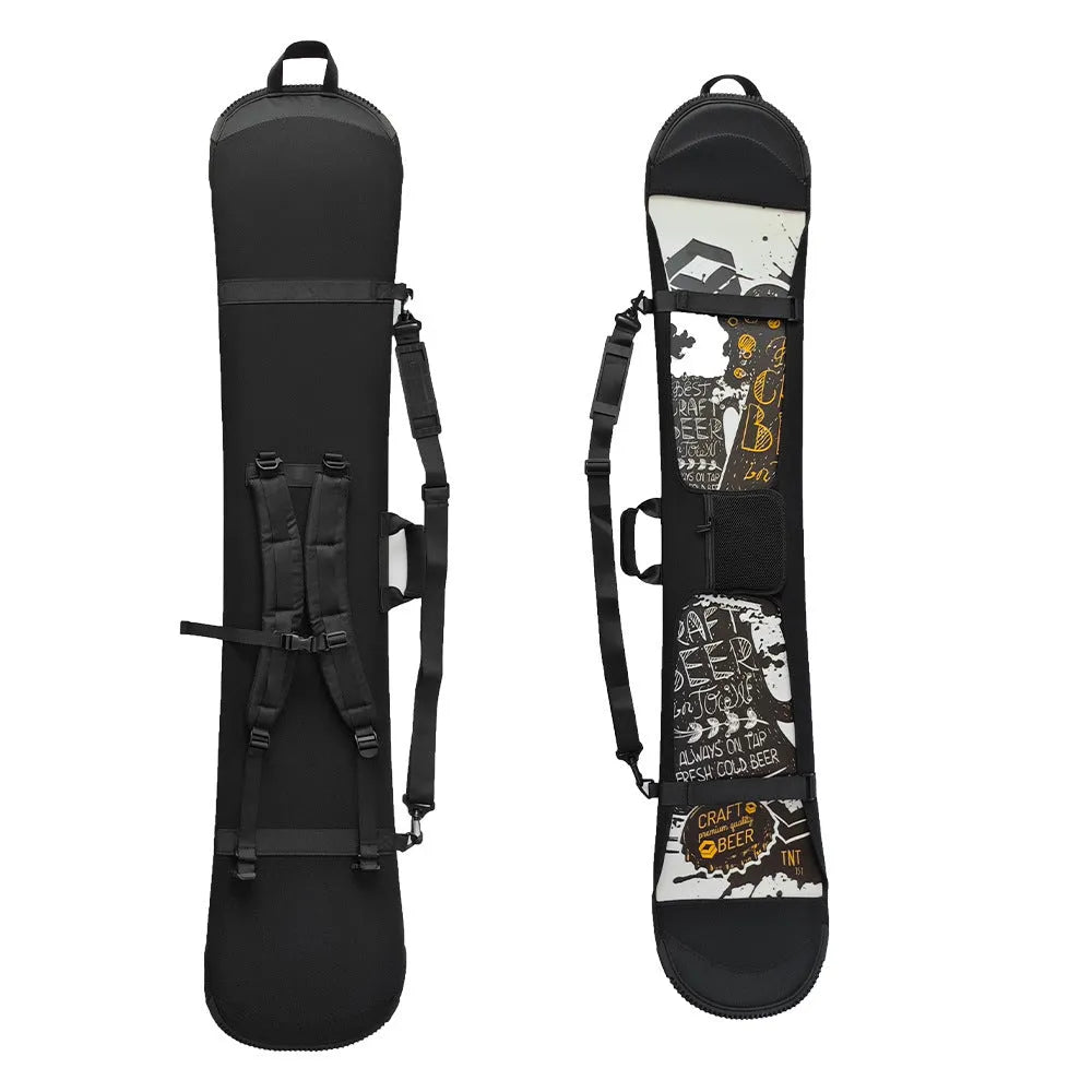 Black double shoulder ski board bag with Velcro veneer fastening, 138cm length, for ski and snowboard carry