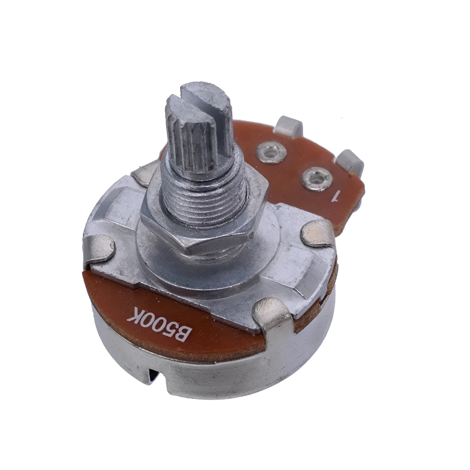 A single silver metal potentiometer knob for an electric guitar's tone or volume control.