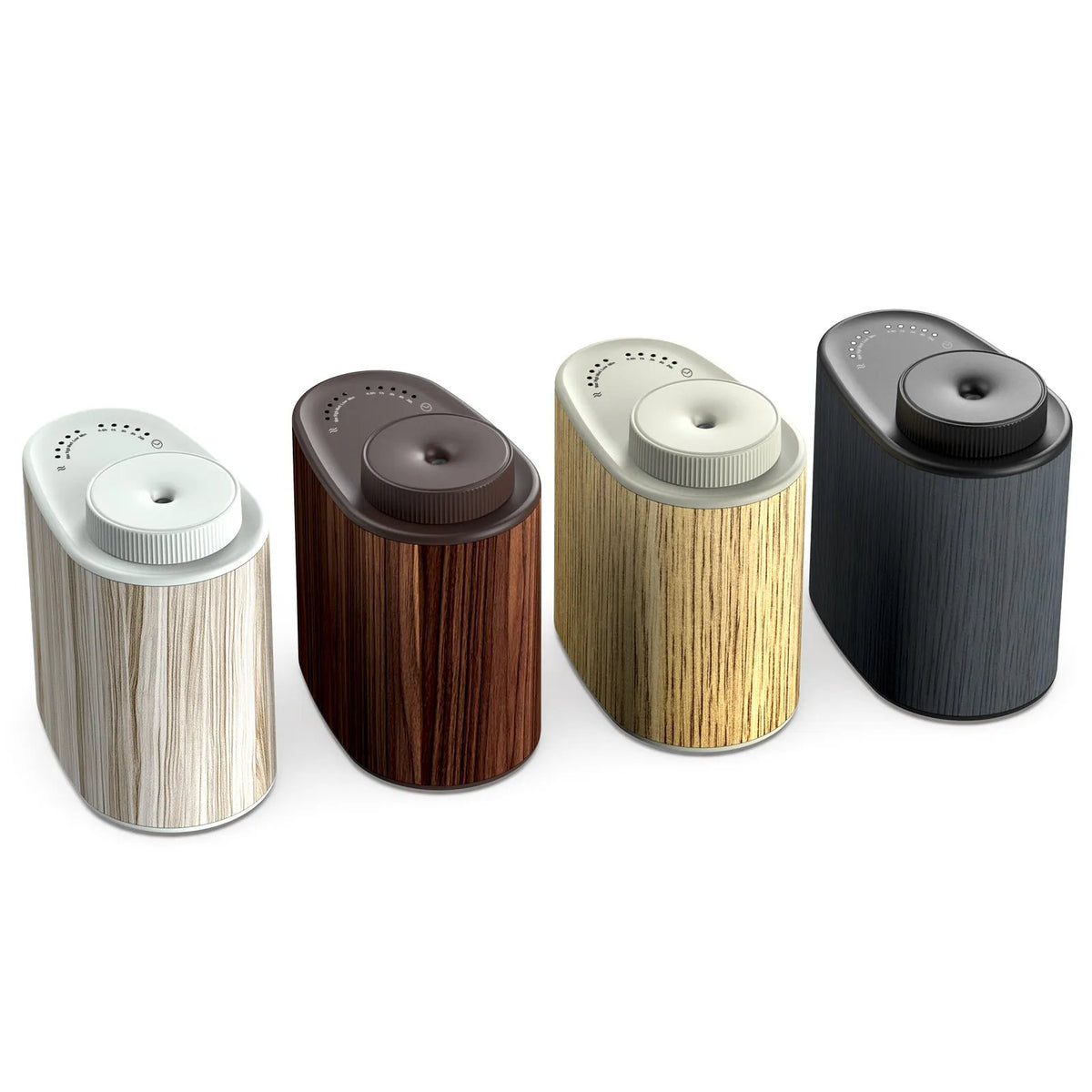 Round plug-in USB nebulizing diffuser in black wood texture with automatic aerosol dispenser and timing function