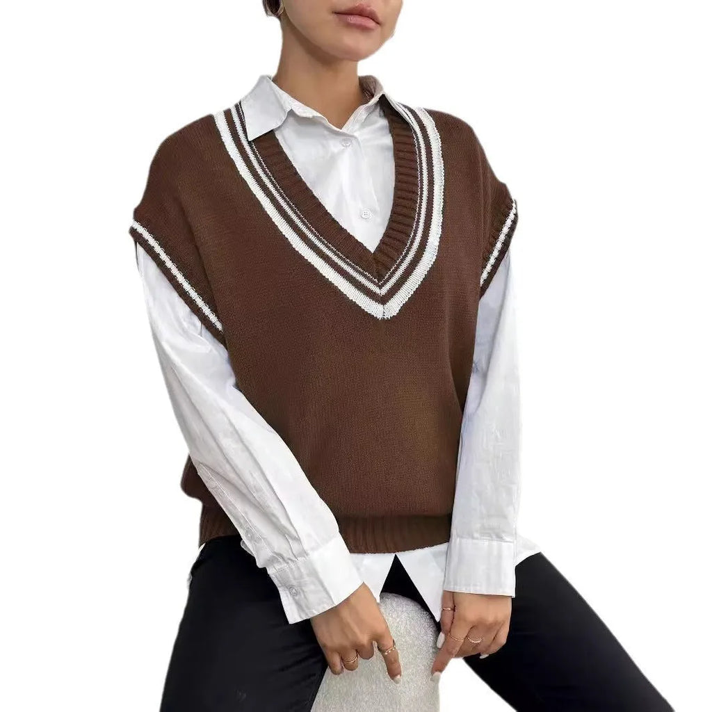 Women's loose-fit acrylic college-style pullover vest sweater in black, blue, or coffee.
